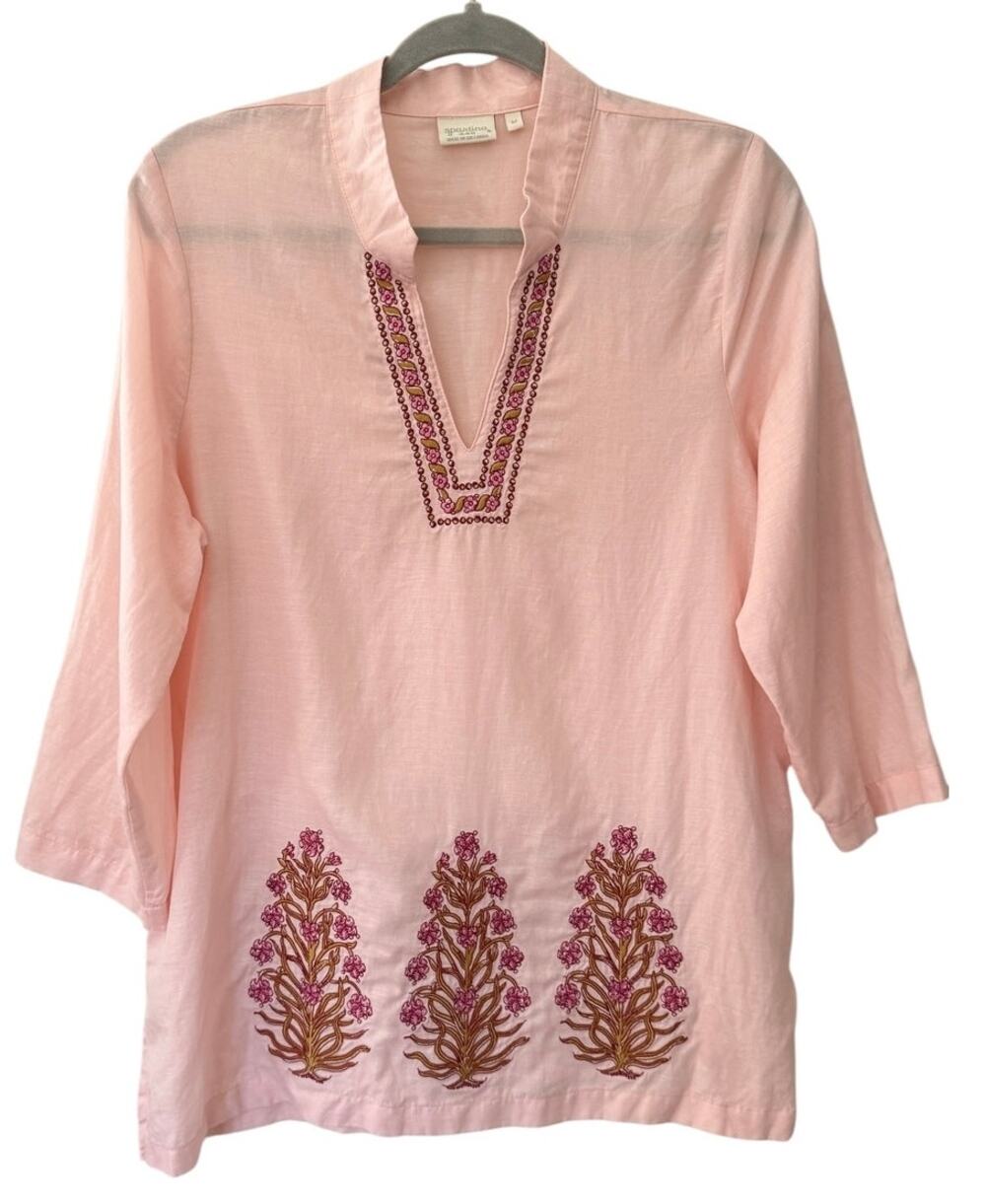 Spartina 449 Everleigh Tunic Pink Linen Blend Woodblock Floral Embroidery M